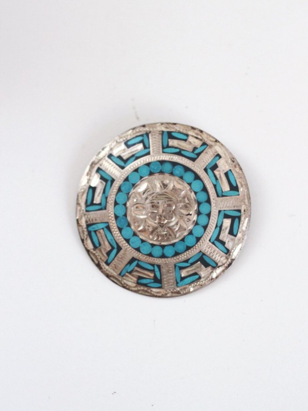 Vintage Sterling Silver Turquoise Brooch Pendant Mosaic Inlay Aztec Mayan - Picture 3 of 8